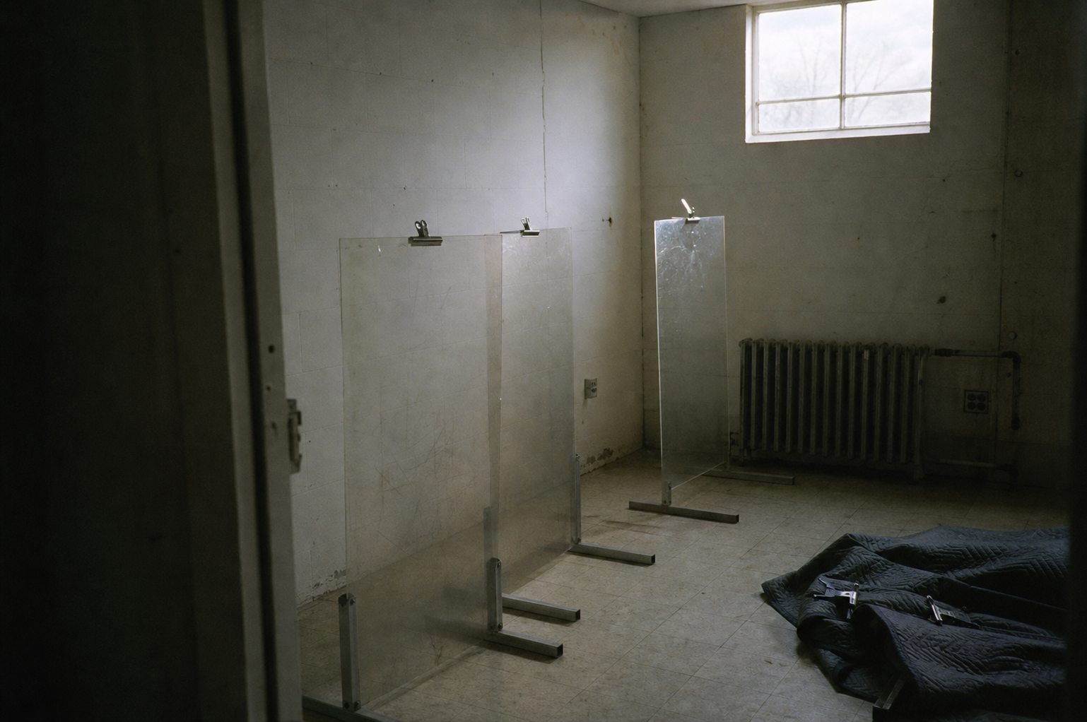 Scratched acrylic sheets in simple stands inside a worn rehearsal room