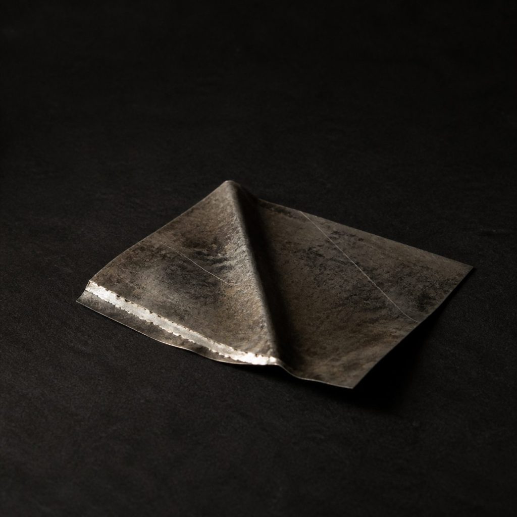 Folded smoke-darkened metal on black paper